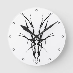 Horloge Ronde Crâne de Cerf Tribal Noir Dessin de Chasse