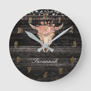 Horloge Ronde Crâne de vache en bois rustique avec fleurs et cor