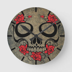 Horloge Ronde Crâne rose rouge