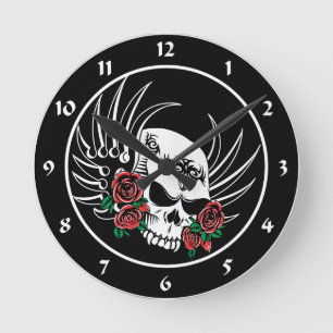 Horloge Ronde Crâne tribal et roses