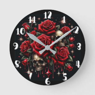 Horloge Ronde Crânes dorés et roses rouges scintillent de glamou