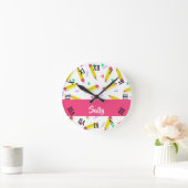 Horloge Ronde Crayons et rayures jaunes sur blanc (Maison)