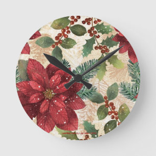 Horloge Ronde Crème verte rouge Retro les années 50 Poinsettia