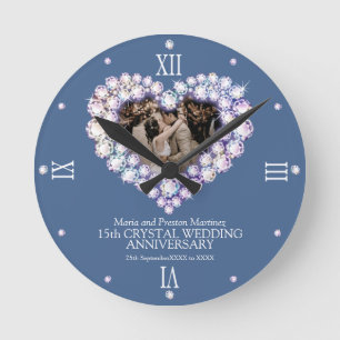 Horloge Ronde Cristal coeur photo 15e anniversaire mariage