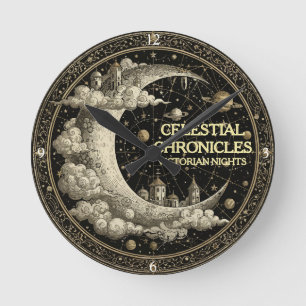 Horloge Ronde Croissant de lune vintage avec nuages. Rétro victo