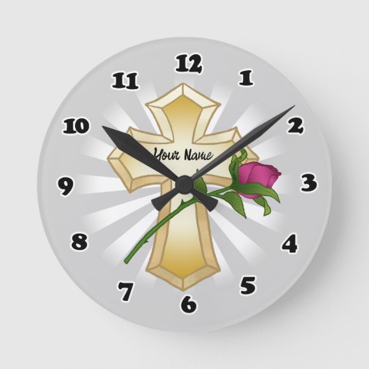 Horloge Ronde Croix chrétienne rose (Recto)