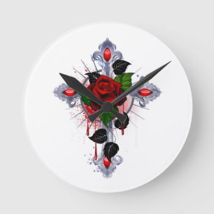 Horloge Ronde Croix d'argent avec une rose rouge