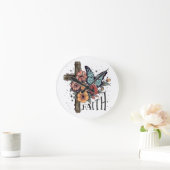 Horloge Ronde Croix de Foi Florale (Maison)