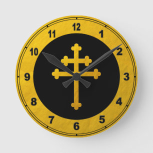 Horloge Ronde Croix de Lorraine en or sur fond noir /croix chrét