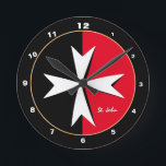 Horloge Ronde Croix de Malte blanche & décor du drapeau de Malte<br><div class="desc">Wall Clocks : Maltese Cross & Malta - flag, symbole of cross - used by Order of Malta, Sovereign Military order of Malta (Ordre de Saint - John) - national patriots, travel, holiday, sports fans fashion. Donc, Maltese Cross est international symbole of the fire service's, symbole of protection, badge of...</div>