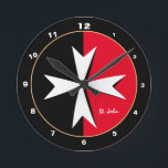 Horloge Ronde Croix de Malte blanche & décor du drapeau de Malte<br><div class="desc">Wall Clocks : Maltese Cross & Malta - flag, symbole of cross - used by Order of Malta, Sovereign Military order of Malta (Ordre de Saint - John) - national patriots, travel, holiday, sports fans fashion. Donc, Maltese Cross est international symbole of the fire service's, symbole of protection, badge of...</div>