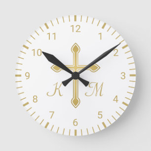 Horloge Ronde Croix d'or simple chrétienne sur le monogramme bl