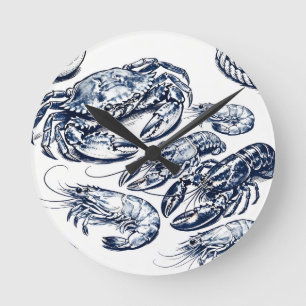 Horloge Ronde Croquis de fruits de mer nautiques homard crabe