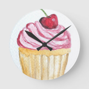 Horloge Ronde cupcake rose à la cerise