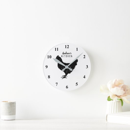 Horloge Ronde Custom kitchen wall clock with rustic chicken logo (Maison)