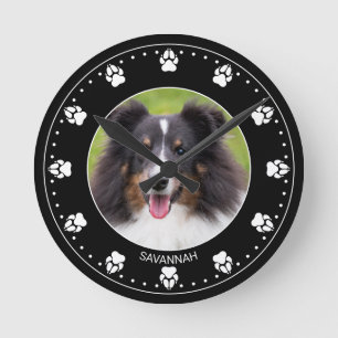 Horloge Ronde Custom Pet Photo With Paws Clock Face & nom