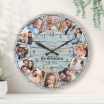 Horloge Ronde Custom Photo Collage Natural Wood Family Nom<br><div class="desc">Easily create your own personalized blue rustic driftwood planks lake house wall clock with your custom photos,  family name and established year. Pour les meilleurs résultats,  crop the images to square - with the focus point in the center - before uploading.</div>