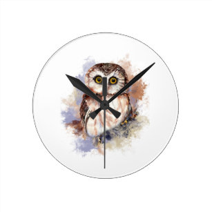 Horloge Ronde Cute Aquarelle Chouette Oiseau Art de la nature