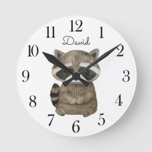 Horloge Ronde Cute aquarelle Raccoon de bois