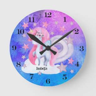 Horloge Ronde Cute aquarelle Rainbow Unicorn Personnalisé
