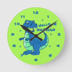 Horloge Ronde Cute Blue Green Dinosaur Bonjour Nom Enfants