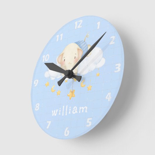 Horloge Ronde Cute Boho Aquarelle Eléphant Nuages Bleu Pépinière (Angle)