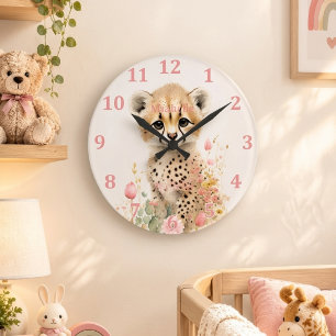 Horloge Ronde Cute Cheetah Cub Pastel Aquarelle Fleurs de printe