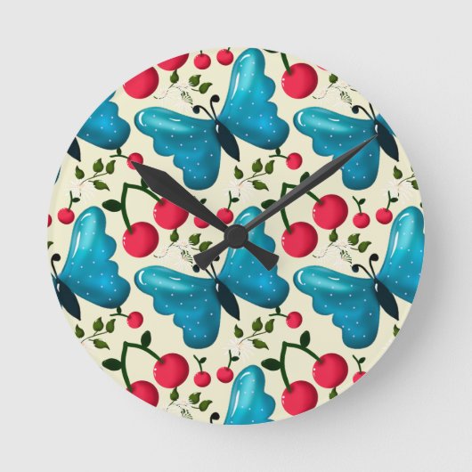 Horloge Ronde Cute Cherry Butterfly Pattern, Glossy Kawaii Fruit (Recto)