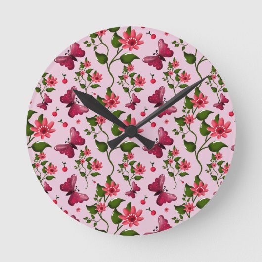 Horloge Ronde Cute Cherry Butterfly Pattern, Glossy Kawaii Fruit (Recto)