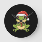 Horloge Ronde Cute Christmas Frog with Santa Hat Holding Gift - (Recto)