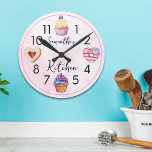Horloge Ronde Cute Cupcake Pink Watercolor Personalized Kitchen<br><div class="desc">Personalized kitchen wall clock with cute watercolor sweet treats-cupcakes and cookies.</div>