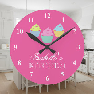 Horloge Ronde Cute custom pink cupcake kitchen wall clock