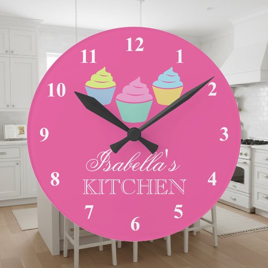 Horloge Ronde Cute custom pink cupcake kitchen wall clock