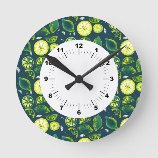 Horloge Ronde Cute Fraîche Citron Citrus Doodle Jaune Bleu (Recto)