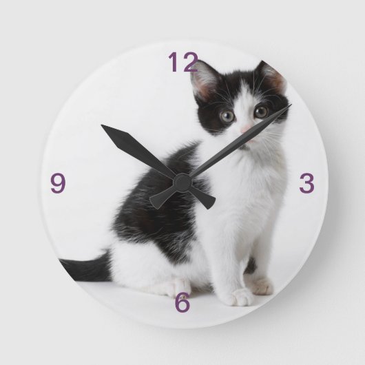Horloge Ronde Cute Funny furry kitten black and white cat (Recto)