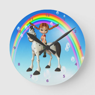 Horloge Ronde Cute Girl on Pony & Rainbow Clock