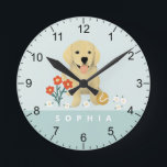 Horloge Ronde Cute Golden Retriever Chien Floral<br><div class="desc">Cette mignonne horloge bleue comporte un adorable chiot de repérage doré, avec des fleurs. Ce joli design floral offre également un endroit pour ajouter un nom en police simple et moderne. Le cadeau idéal pour les amateurs de chiens, parfait pour une chambre d’enfants ou une crèche pour bébé.</div>
