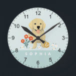 Horloge Ronde Cute Golden Retriever Chien Floral<br><div class="desc">Cette mignonne horloge bleue comporte un adorable chiot de repérage doré,  avec des fleurs. Ce joli design floral offre également un endroit pour ajouter un nom en police simple et moderne. Le cadeau idéal pour les amateurs de chiens,  parfait pour une chambre d’enfants ou une crèche pour bébé.</div>