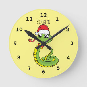 Horloge Ronde Cute green snake with santa hat cartoon