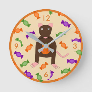 Horloge Ronde Cute Halloween Rat et Citrouille