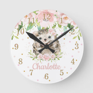 Horloge Ronde Cute Hedgehog Pink Blush Floral Girl Menacom Decor