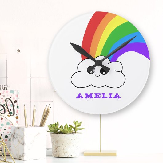 Horloge Ronde Cute Kawaii Cloud Rainbow Nom de l'enfant