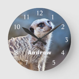 Horloge Ronde Cute Meerkat Posing Personalized Name