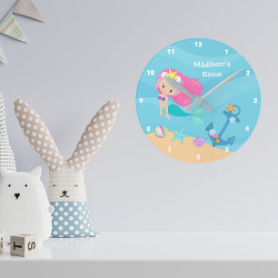 Horloge Ronde Cute Mermaid Girl Beach House Enfants Personnalisé