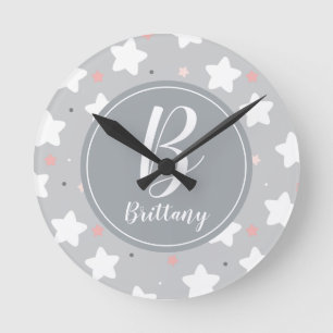 Horloge Ronde Cute Night Sky with Custom Monogram et nom