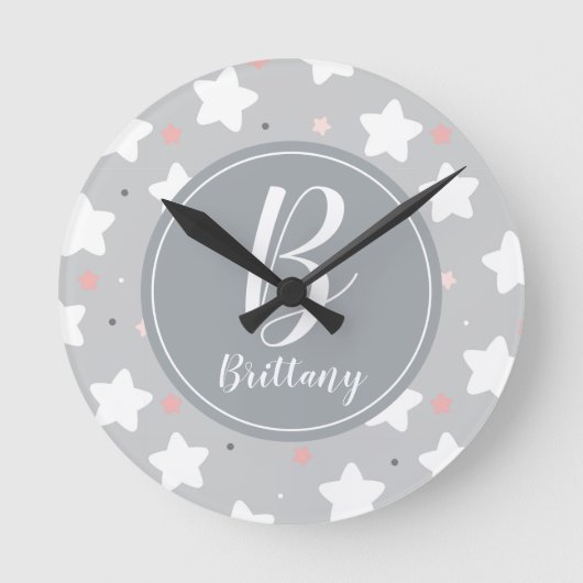 Horloge Ronde Cute Night Sky with Custom Monogram et nom (Recto)