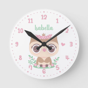 Horloge Ronde Cute Owl avec son cabot rose, la salle des filles 
