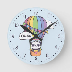 Horloge Ronde Cute Panda Dans L'Air Chaud Balloon Enfants Décor