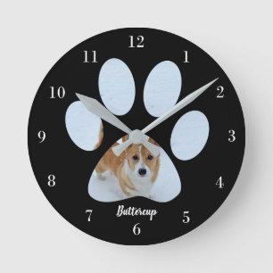 Horloge Ronde Cute Paw Print Dog Photo Custom Pet Owner Black