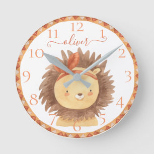 Horloge Ronde Cute Personalized Watercolor Lion Baby Nursery Kid